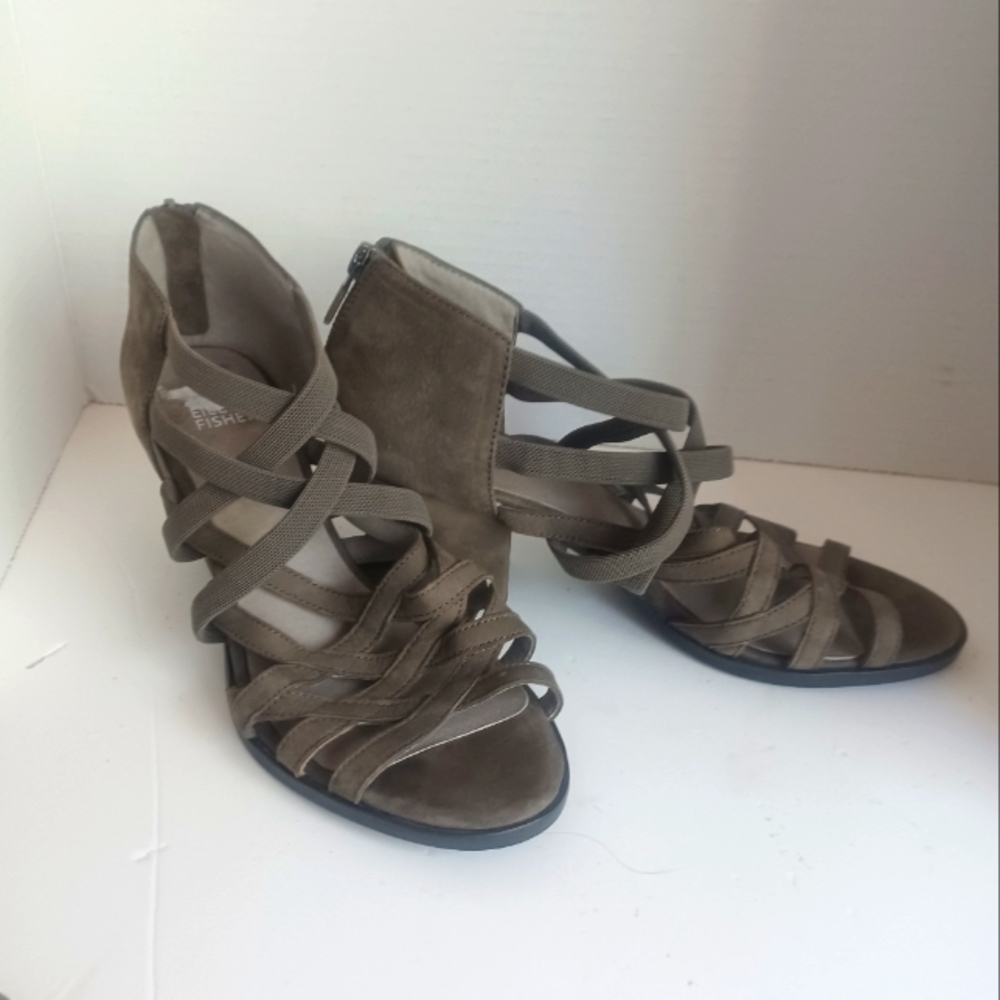 Eileen Fisher Womens Fara Cage Beige Stretch Suede Heeled Sandal Size 8.5
